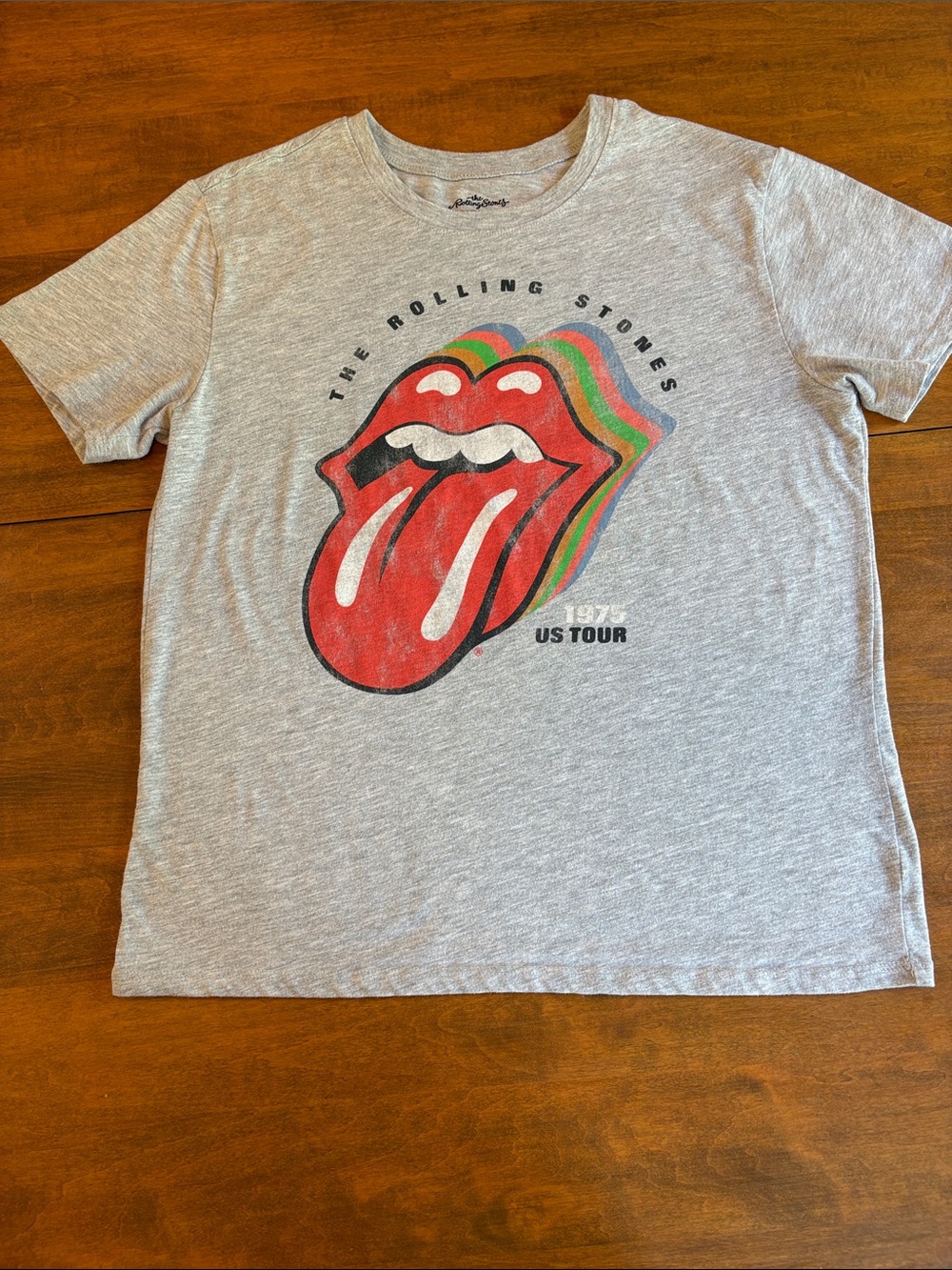 the Rolling Stones Light Gray Tee with Red Tongue 1975 Tour Graphic